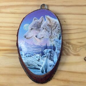 Vintage Northern Wolves Foil Art on Wood Slab Hanging Wall Decor